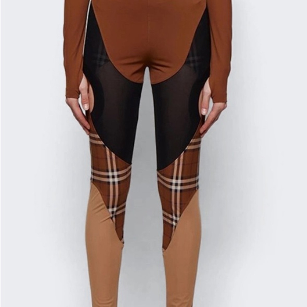 BURBERRY CHECK PRINT PANEL STRETCH JERSEY LEGGINGS DARK BIRCH BROWN
